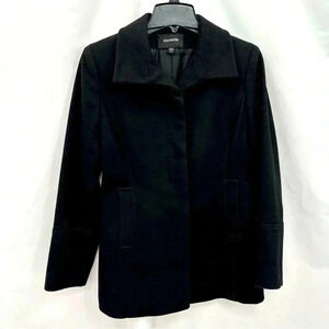 Express Women’s Wool Coat Size 3/4 Black Hidden Button Up Front Open Pockets